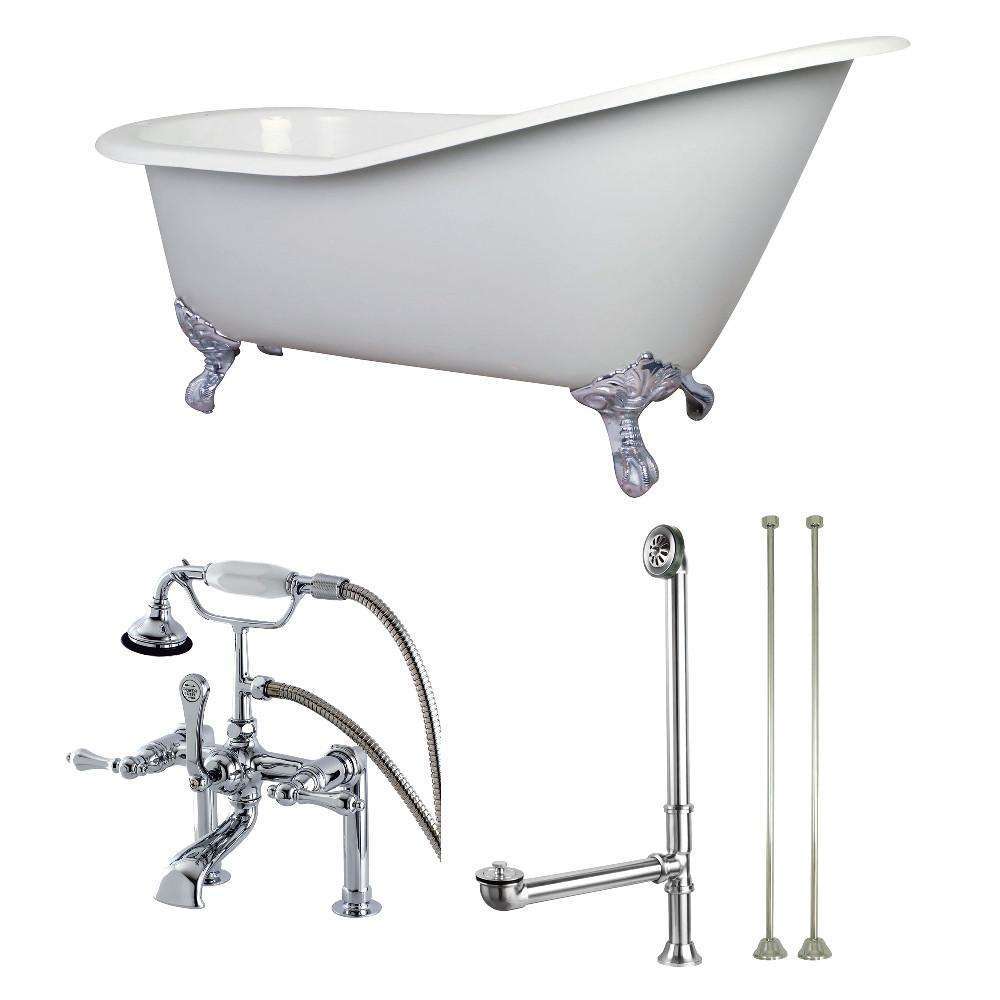 Aqua Eden KCT7D653129C1 62-Inch Cast Iron Single Slipper Clawfoot Tub Combo with Faucet and Supply Lines, White/Polished Chrome